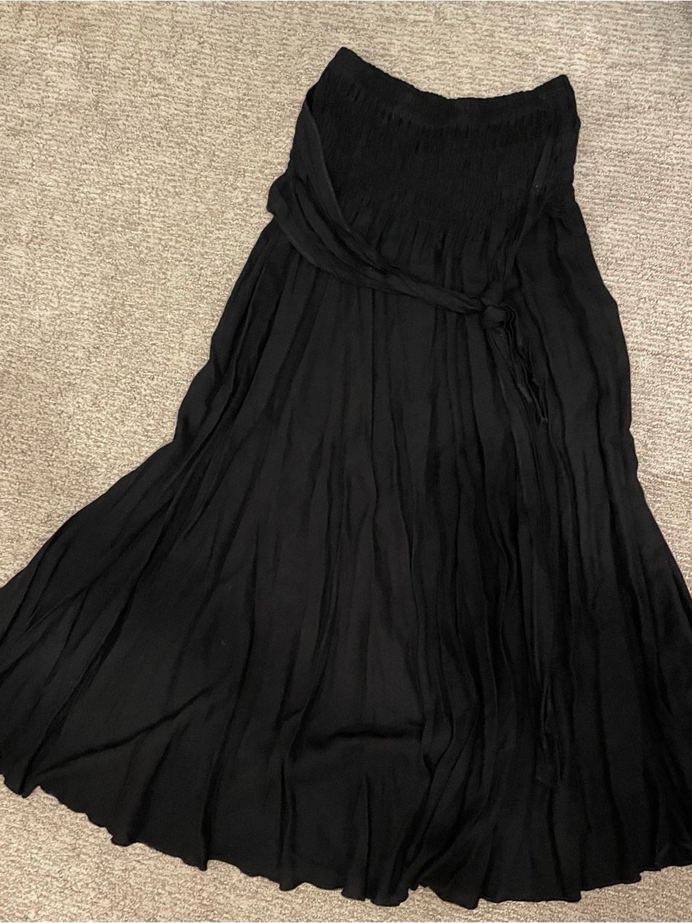 Black Pleated Maxi Skirt with Waist Tie